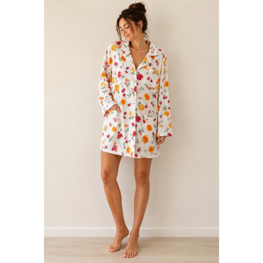 Victorias Secret Vintage Fruit Print Cotton Sleep Shirt Nightgown XL White Multi